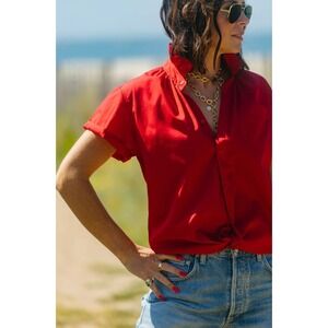 KMJ Quarantini Blouse Red Ruffle Neck Short Sleeve Button Up Boyfriend Fit NWT M